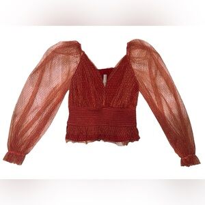 Anthropologie Red Textured Blouse with Sheer Sleeves
